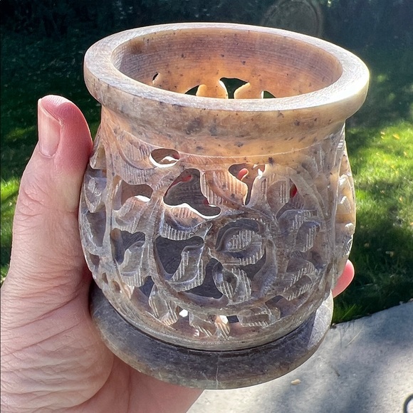 Vintage Boho Ornate Intricate Etched Handcarved Stone Votive Candle Holder - Picture 7 of 9